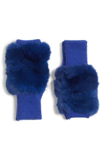 Women's Jocelyn Genuine Rabbit Fur Fingerless Knit Mittens, Size - Blue