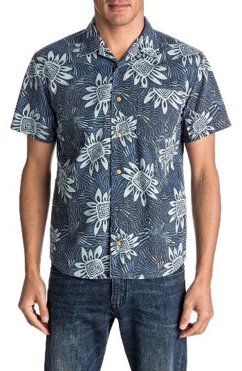 Men's Quiksilver Floral Print Short Sleeve Sport Shirt - Blue