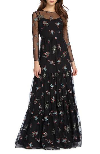 Women's Ml Monique Lhuillier Embroidered Mesh Gown - Black