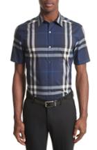 Men's Burberry Nelson Trim Fit Plaid Sport Shirt, Size - Blue