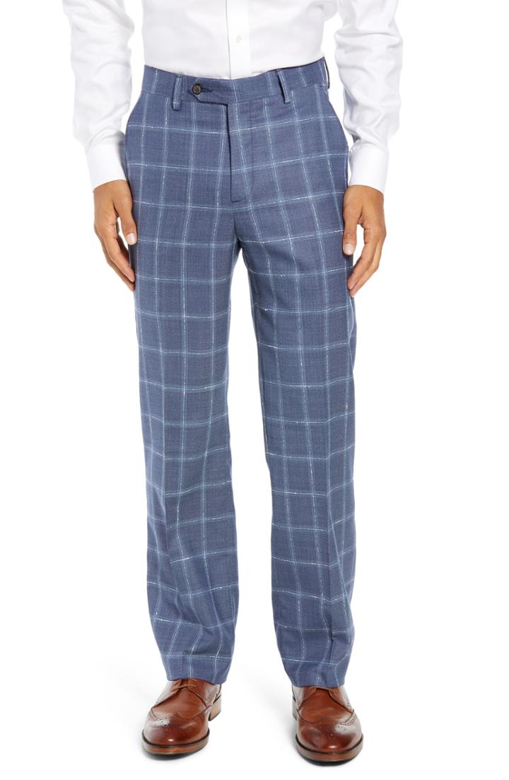 Men's Berle Manufacturing Flat Front Plaid Wool Trousers - Blue
