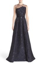 Women's Carmen Marc Valvo Couture Illusion Yoke Embroidered Jacquard A-line Gown - Blue