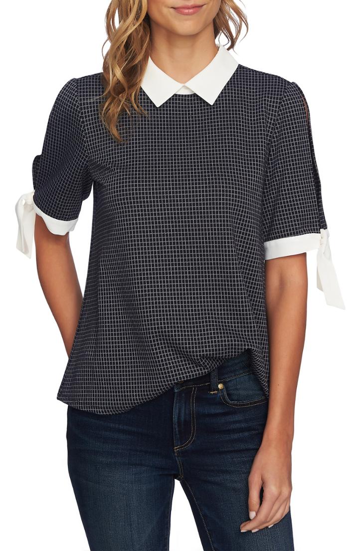 Women's Cece Windowpane Tie Sleeve Collared Blouse, Size - Blue