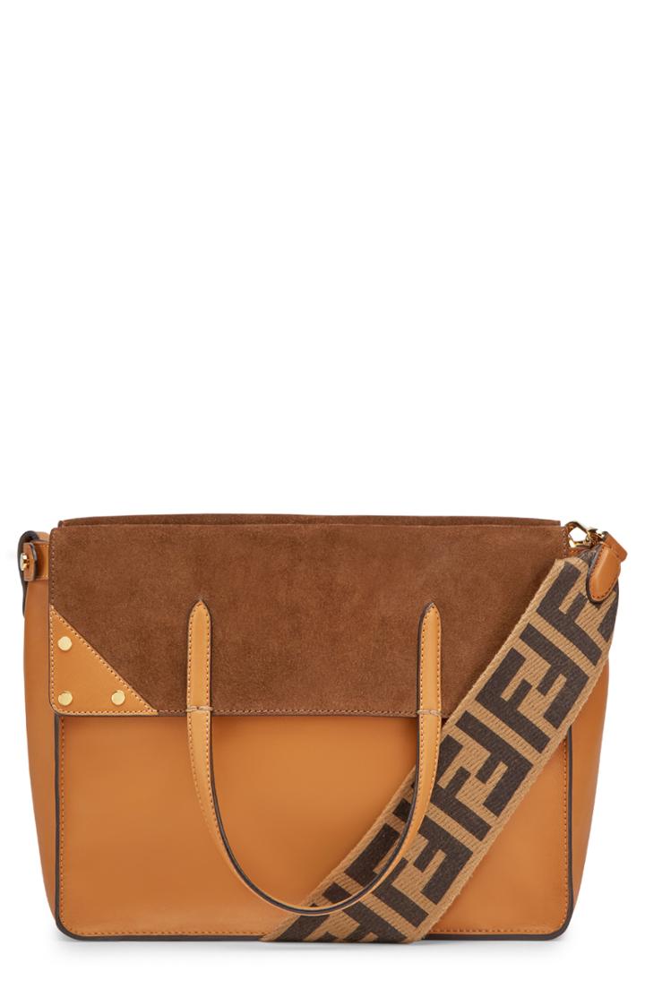 Fendi Flip Leather & Suede Tote - Brown