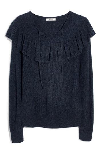 Women's Madewell Ruffled Tie Front Pullover Sweater, Size - Blue