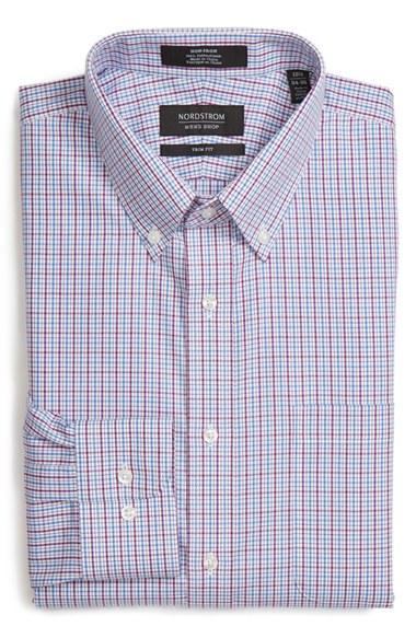 Men's Nordstrom Men's Shop Trim Fit Non-iron Check Dress Shirt 32/33 - Burgundy