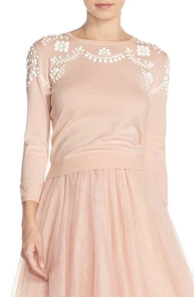 Women's Jenny Yoo 'millie' Beaded Cotton Blend Sweater - Pink