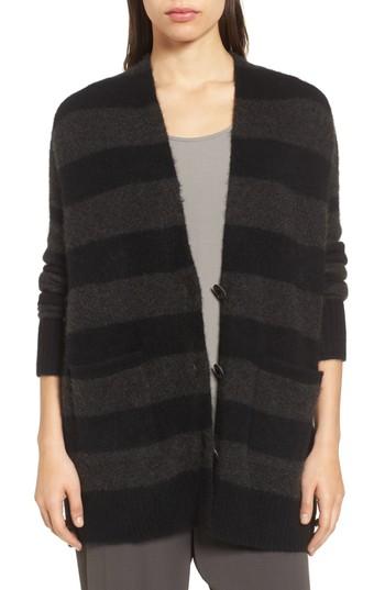 Women's Eileen Fisher Stripe Cashmere Blend Cardigan, Size - Grey