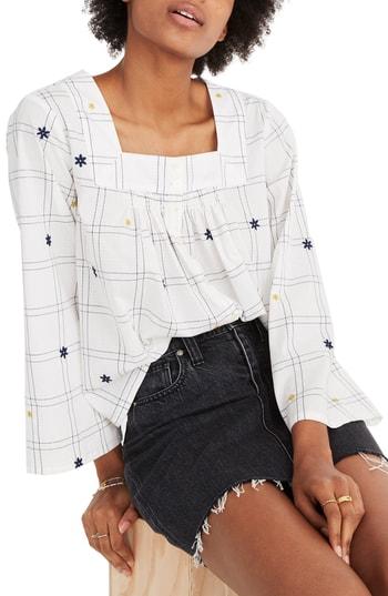 Women's Madewell Embroidered Windowpane Square Neck Button Down Top, Size - White