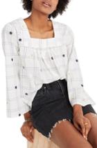 Women's Madewell Embroidered Windowpane Square Neck Button Down Top, Size - White