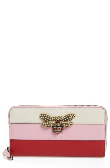 Women's Gucci Embellished Bee Leather Zip Around Wallet -