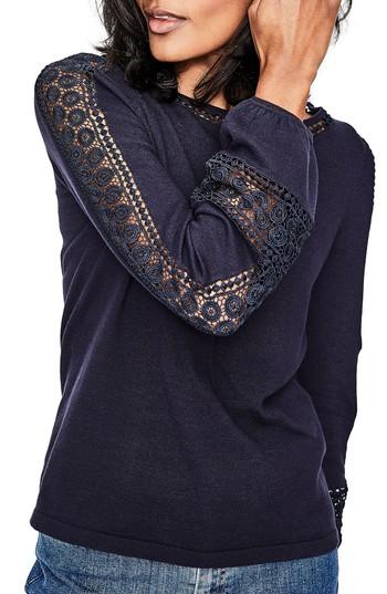 Women's Boden Lace Inset Cotton Sweater - Blue