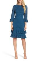 Petite Women's Maggy London Ruffle Lace Sheath Dress P - Blue