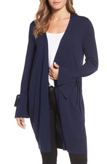 Petite Women's Halogen Lightweight Tie Sleeve Cardigan P - Blue