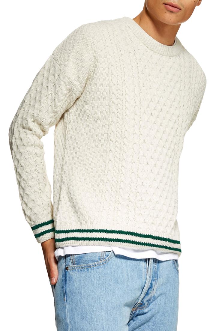 Men's Topman Cable Knit Crewneck Sweater - Grey