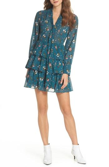 Women's Chelsea28 Tiered Floral Tie Neck Dress - Blue/green