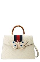 Gucci Falena Moth Ostrich Leather Satchel - White