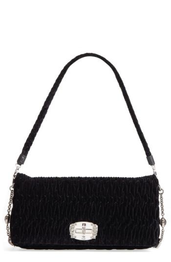 Miu Miu Medium Crystal Embellished Quilted Velvet Shoulder Bag - Black