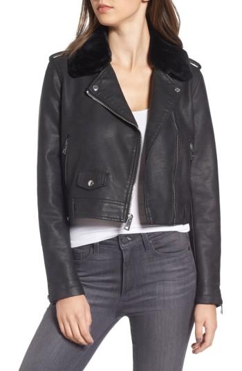 Women's Levis Sherpa Faux Leather Moto Jacket With Faux Fur Collar - Black
