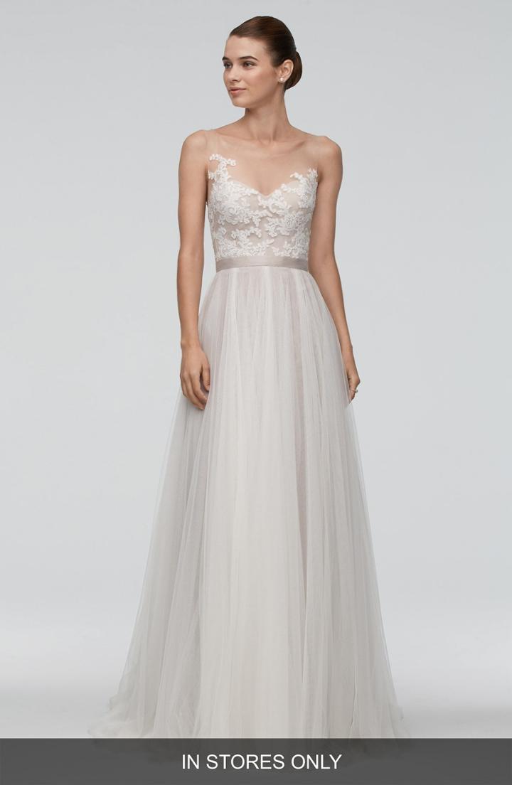 Women's Watters Azriel Illusion Neckline Lace & Net A-line Gown, Size In Store Only - Beige