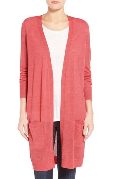 Petite Women's Halogen Long Linen Blend Cardigan P - Coral