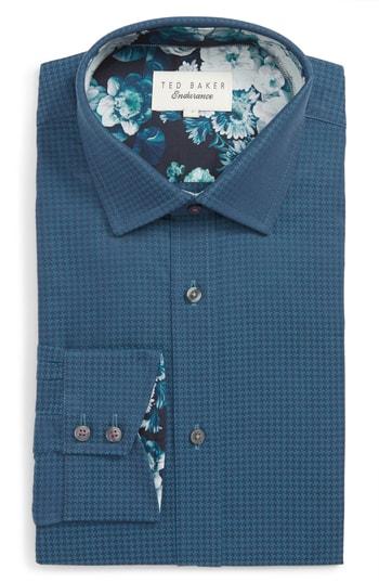 Men's Ted Baker London Carmz Trim Fit Houndstooth Dress Shirt .5 - 32/33 - Blue