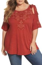 Women's Lucky Brand Embroidered Tie Shoulder Cold Shoulder Top