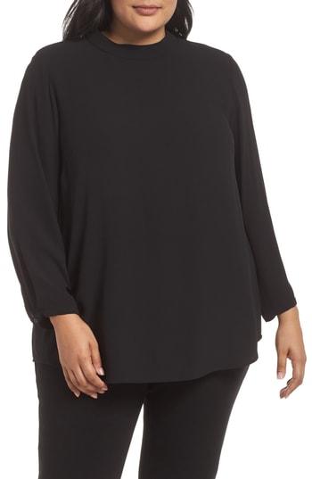 Women's Eileen Fisher Mock Neck Silk Top, Size - Black