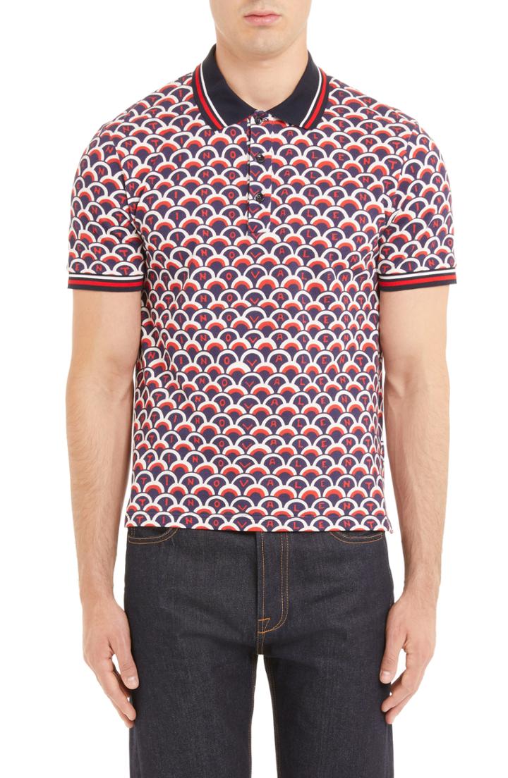 Men's Valentino Scale Print Pique Polo, Size - Blue
