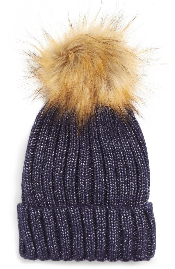 Women's Sole Society Faux Fur Pom Knit Beanie - Blue