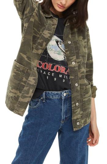 Women's Topshop Cleo Camo Shirt Jacket Us (fits Like 6-8) - Green