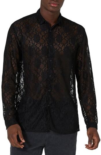 Men's Topman Muscle Fit Sheer Lace Shirt - Black