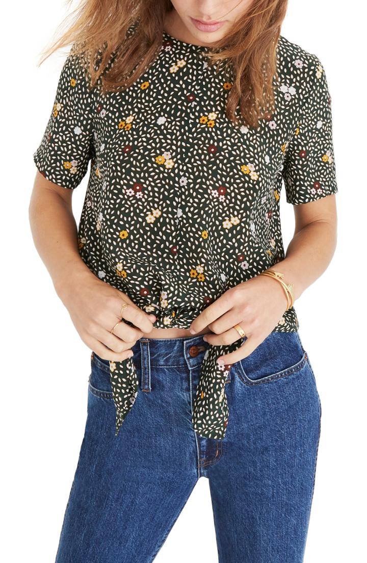 Women's Madewell Tie Button Back Silk Tee, Size - Green