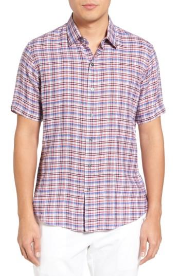 Men's Zachary Prell Bean Trim Fit Plaid Linen Sport Shirt, Size - Red