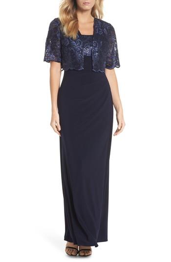Women's Alex Evenings Sequin Embellished Gown With Bolero Jacket - Blue