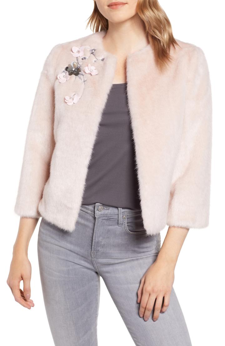 Women's Ted Baker London Applique Embellished Faux Fur Crop Jacket