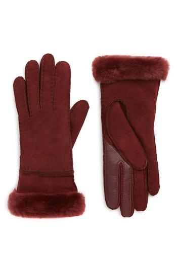Women's Ugg Seamed Touchscreen Compatible Gloves With Genuine Shearling Trim - Red