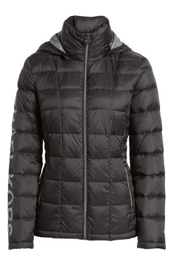 Women's Michael Michael Kors Logo Packable Down Jacket With Detachable Hood