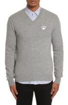 Men's Comme Des Garcons White Heart Wool V-neck Sweater - Grey