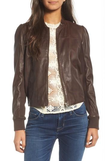 Women's Hinge Shrunken Leather Bomber Jacket, Size - Brown