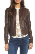Women's Hinge Shrunken Leather Bomber Jacket, Size - Brown