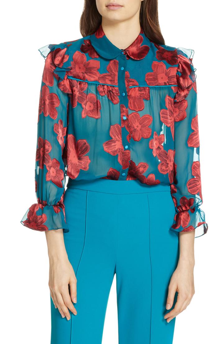 Women's Alice + Olivia Ziggy Ruffle Sleeve Blouse - Blue/green