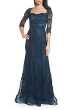 Women's La Femme Beaded Lace A-line Gown - Blue