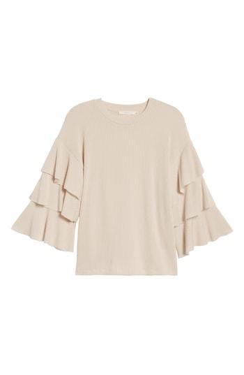 Women's Ribbed Ruffle Sleeve Top, Size - Beige