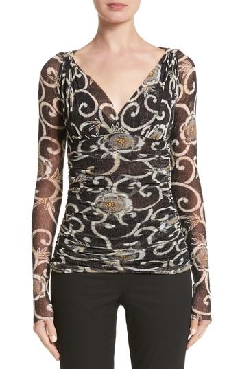 Women's Fuzzi Print Tulle Ruched Top - Black