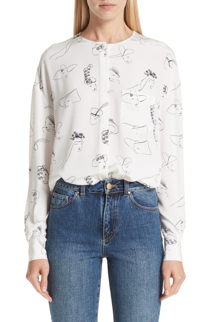 Women's Co Hat Print Silk Blouse - Ivory