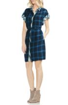 Women's Vince Camuto Tartan Plaid Ruffle Sleeve Tie Waist Dress - Blue