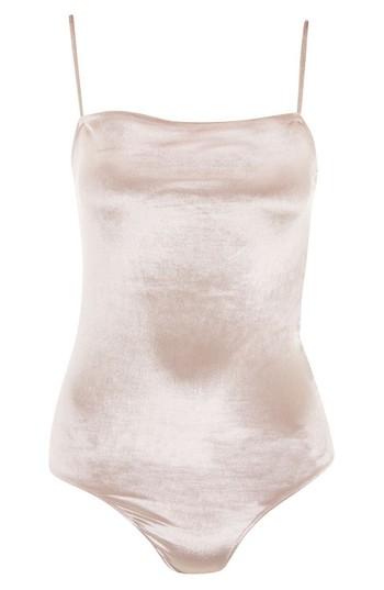 Women's Topshop Square Neck Velvet Bodysuit Us (fits Like 0) - Beige