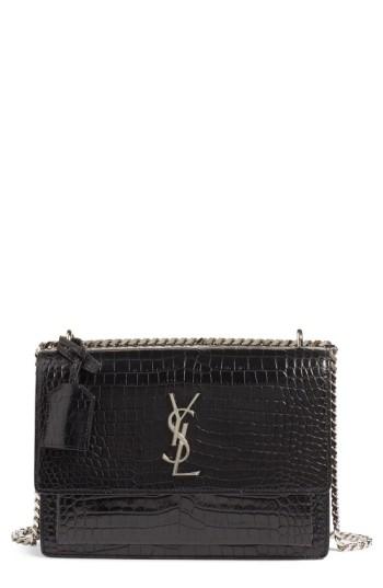 Saint Laurent 'medium Monogram Sunset' Croc Embossed Leather Shoulder Bag - Black