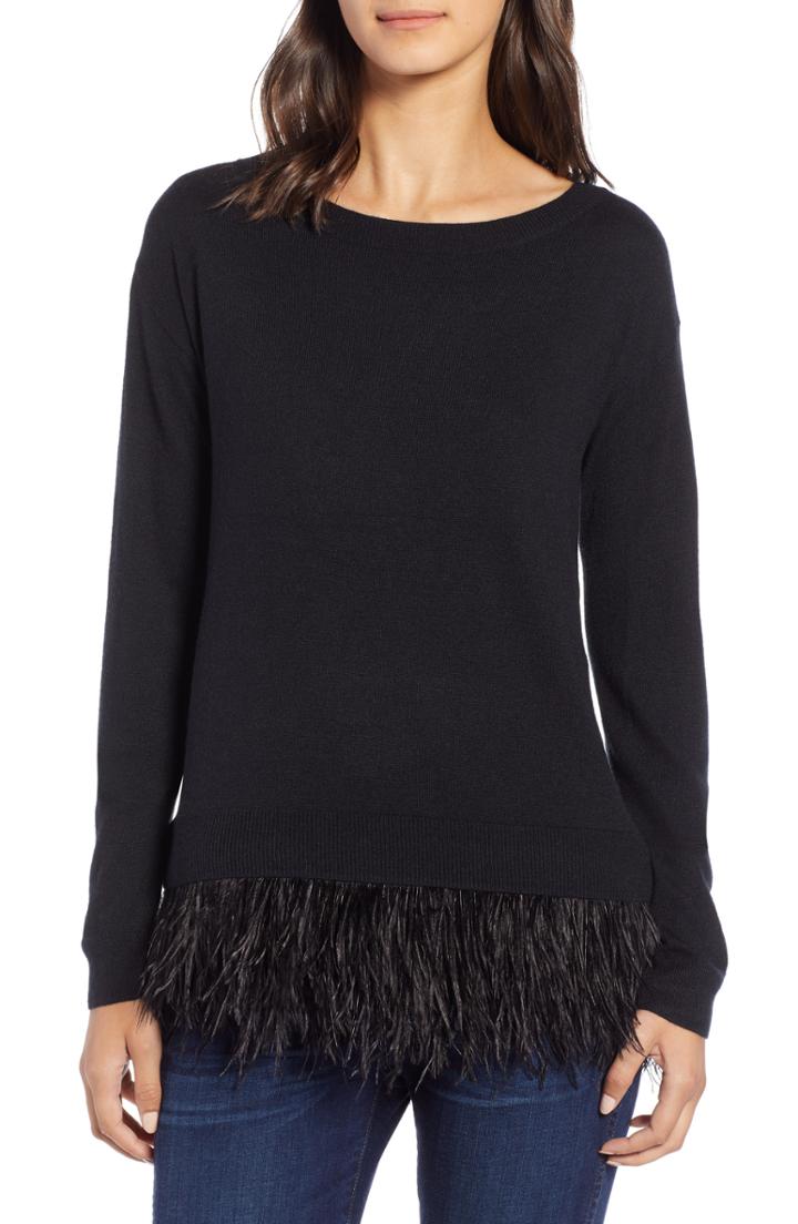 Women's Chelsea28 Feather Trim Sweater, Size - Black